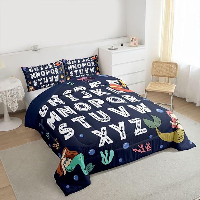 Feelyou Alphabet Kids ABC Learning Bedding Set for Boys Girls, Cute Mermaid Comforter Set Queen Size Educational Nursery Art Duvet Quilt Microfiber Sealife Bedroom Decor 3 Pcs with 2 Pillow Cases
