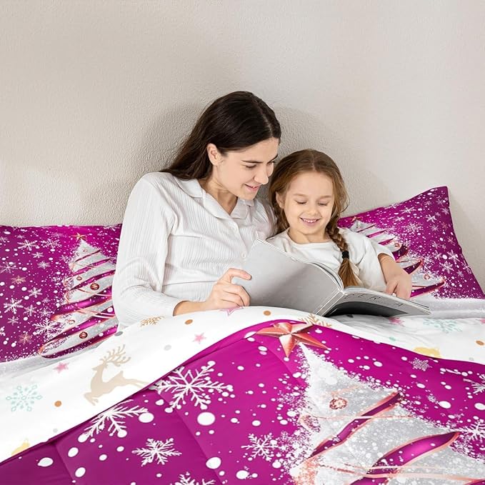 Feelyou Merry Christmas Bedding Set Soft for Boys Girls, Christmas Tree Comforter Set Full Size Snowflake Duvet Quilt Microfiber Winter Bedroom Decor 3 Pcs with 2 Pillow Cases