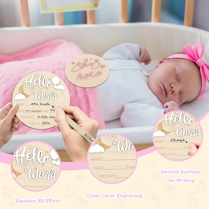 2PCS Hello World Newborn Sign and she's here, Gender Reveal Welcome baby Announcement Sign Board Wooden Birth Name Announcement Plaque and Pen for Baby Shower Photo Props Hospital Nursery