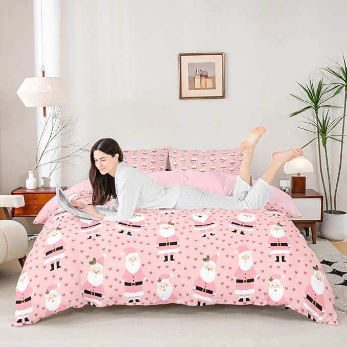 Feelyou Christmas Bedding Set for Kids Boys Girls Cute Santa Claus Comforter Cover Set Cartoon Xmas Theme Duvet Cover Bedroom Decor Pink Dreamy Heart Bedspread Cover Toddler Bedding Collection 2Pcs