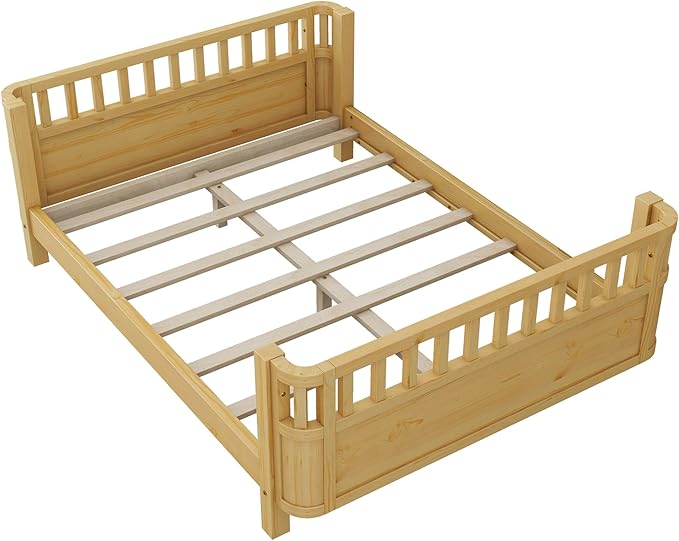 Full Kids Floor Bed Frame with Rails, Wood Low Montessori Platform Bed with Slats Support, Modern Daybed with Detachable Side Rails, Space Saving Kids Beds for Boys Girls Bedroom, Natural