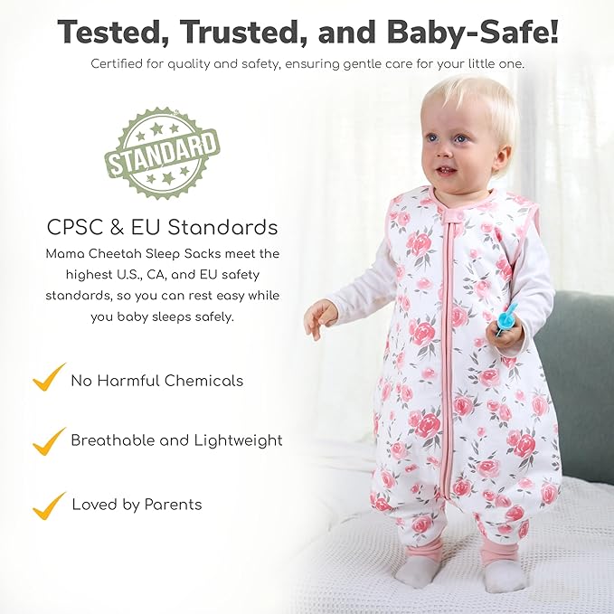 Mama Cheetah Toddler Sleep Sack with Feet 3T-4T, 0.5 TOG Organic Cotton Baby Wearable Blankets with Legs, Baby Sleeping Bag for Walkers, Early Walker Large