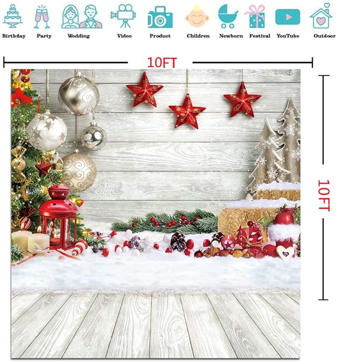CYLYH 10x10ft White Wood Floor Photography Backdrop - Winter Snow Xmas Background for Newborn, Christmas, New Year Party Banner Decor