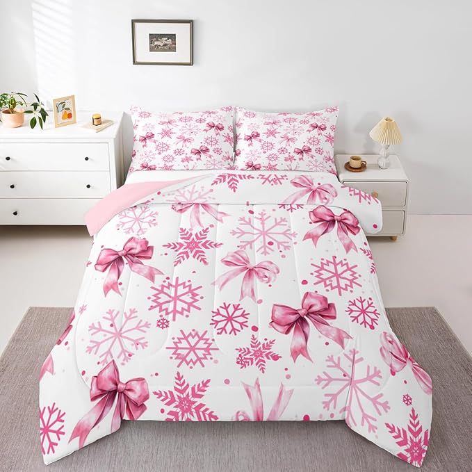 Cute Bow Tie Kids Comforter Set Twin Size,Girly Bowknot Snowflake Dots Bedding Set Room Decor,Merry Christmas Winter Princess Quilt Comforter,Pink White Duvet Set Bedroom Quilt Set,1 Pillowcase