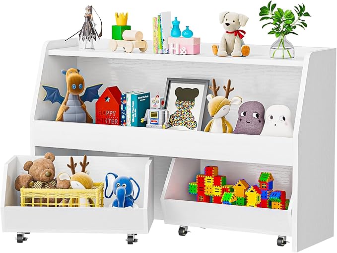COZPAW Toy Storage Organizer, 2 Tier Montessori Shelf with Movable Bins, Toy Organizers Book Shelf for Kids Room, Playroom, Nursery (White)