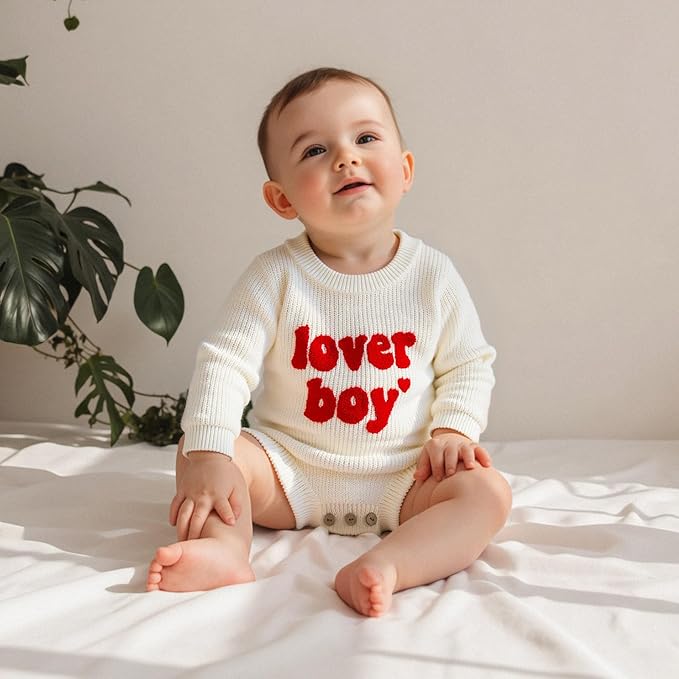 Lesimsam Newborn Baby Boy Girl Valentines Day Outfit Oversized Embroidery Long Sleeve Knit Sweater Bubble Romper Bodysuit