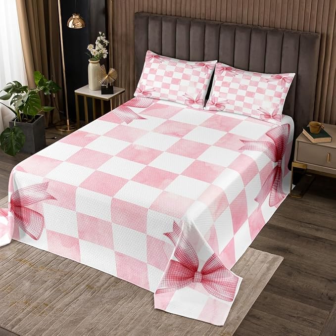 Pink Bowknot Kids Bedspread Queen Size,Geometric Grid Checkered Patchwork Fashion Coverlet Set,Girls Women Room Decor,Bow Tie Knot Princess Quilted Coverlet,Chic Unique Bedding Quilt,2 Pillowcases