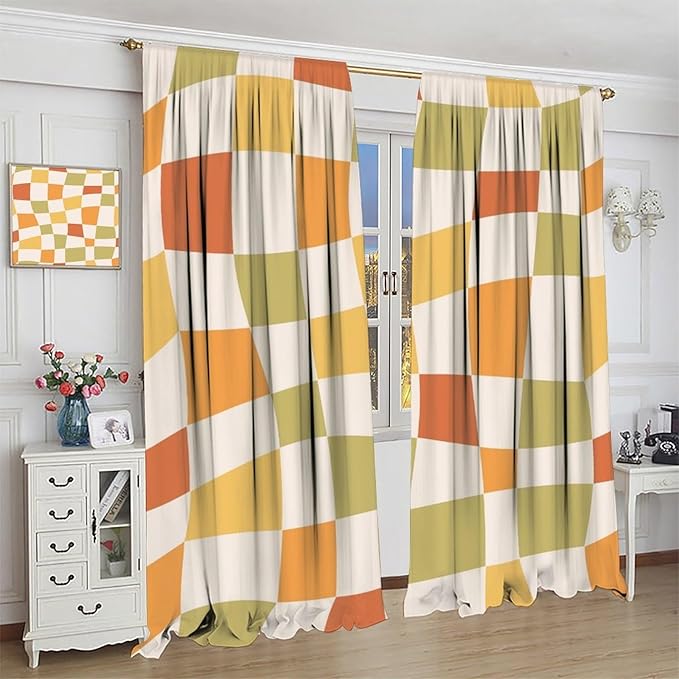 Orange Checkered Curtains,70s Vintage Twisted Checkered Window Drapes Colorful Groovy Trendy Wavy Hippie Grid Print Window Treatments for Kids Girls Bedroom Living Room Bathroom 63"W X 63"L