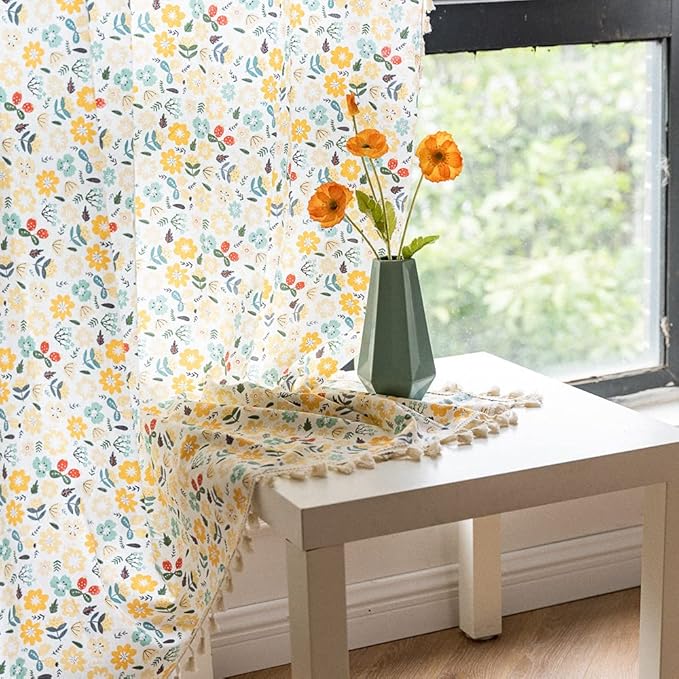 ENJOYBRIDAL Floral Curtains 96 Inch Length 2 Panels Tassel Boho Semi-Sheer Drapes Bedroom Living Room Farmhouse Rustic Country Yellow Green Flower Rod Pocket Cotton Linen Blend Window Curtain Panel