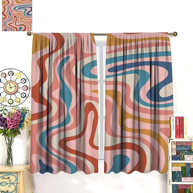 70S Abstract Wavy Swirl Curtain for Bedroom Windows,Retro Boho Minimal Teen Girls Kids Living Room Restroom Window Treatments Drapes 42" W X 54" L