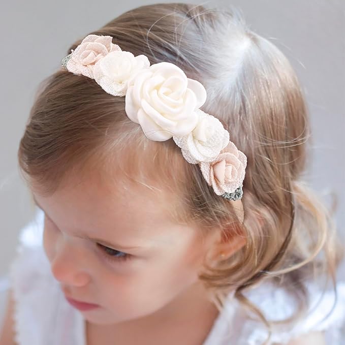 cherrboll Baby Girl Nylon Headbands, 3Pcs Handmade Floral Hair Bows, Stretchy Flower Hairbands for Newborns Infants Toddlers