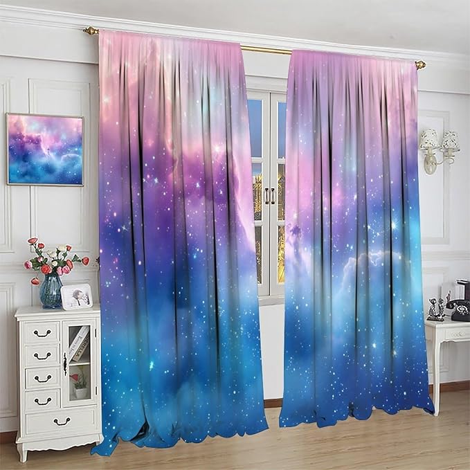 Starry Sky Galaxy Curtains, Outer Space Glitter Dreamy Gradient Romantic Blackout Window Curtains Drapes for Kids Girls Boys Adults Bedroom Nursery 42" W X 63" L