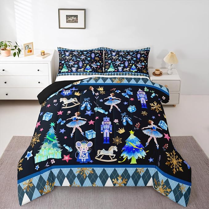 Feelyou Merry Christmas Kids Comforter Set Full Size Ballet Nutcracker Bedding Set Snowflake Duvet Quilt for Kids Boys Girls Bedroom Decor Microfiber Ultra Soft Breathable