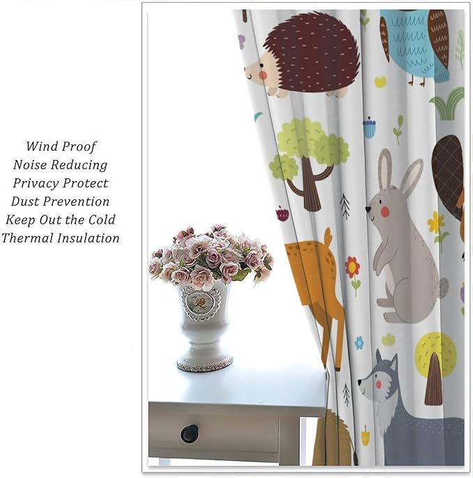 Forest Animals Kids Blackout Curtains Cartoon Cute Bear Deer Squirrel Owl Hedgehog Modern Art Print for Boys Girls Bedroom Living Room Nursery Rod Pocket Decoration Window Drapes 2 Panels W31.5xL63in