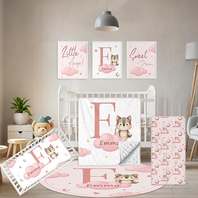 Personalized Crib Bedding Set, 5 Pcs Custom Nursery Bedding Sets with Name, Infant Bedding Set for Baby Girls Boys, Pink Fox Double Layer Baby Crib Set, Toddlers Babies Kids Customized Gifts