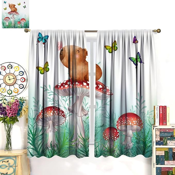 Cartoon Animals Curtains, Cute Butterfly Capybara Blackout Window Treatments, Rod Pocket Thermal Insulated Drapes 2 Panel Sets for Kids Bedroom Nursery Classroom, 72" W X 63" L