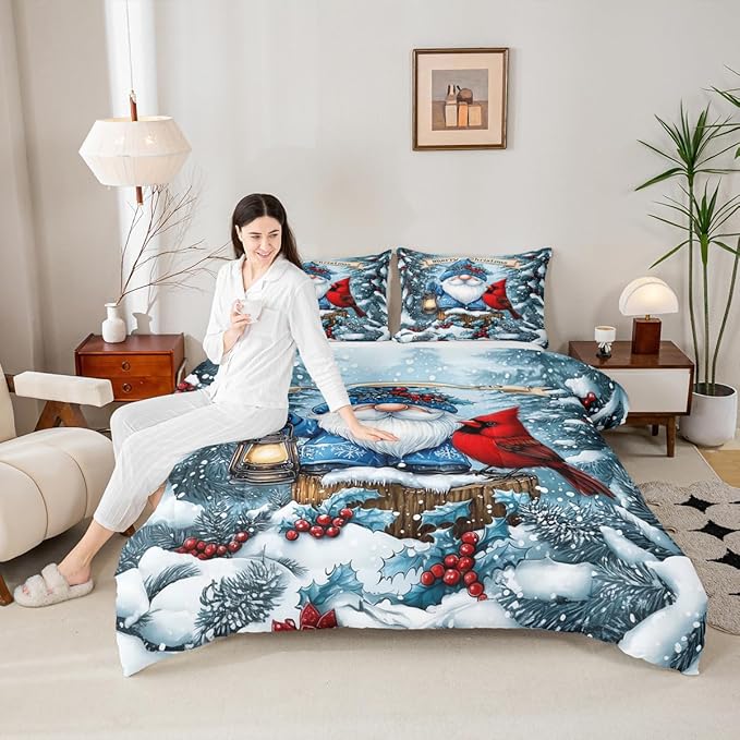 Kawaii Santa Claus Comforter Set Full Size,Poinsettia Cardinal Christmas Birds Kids Bedding Set,Holly Berries Winter Snowflake Quilt Comforter,Blue Red Duvet Insert,2 Pillowcases