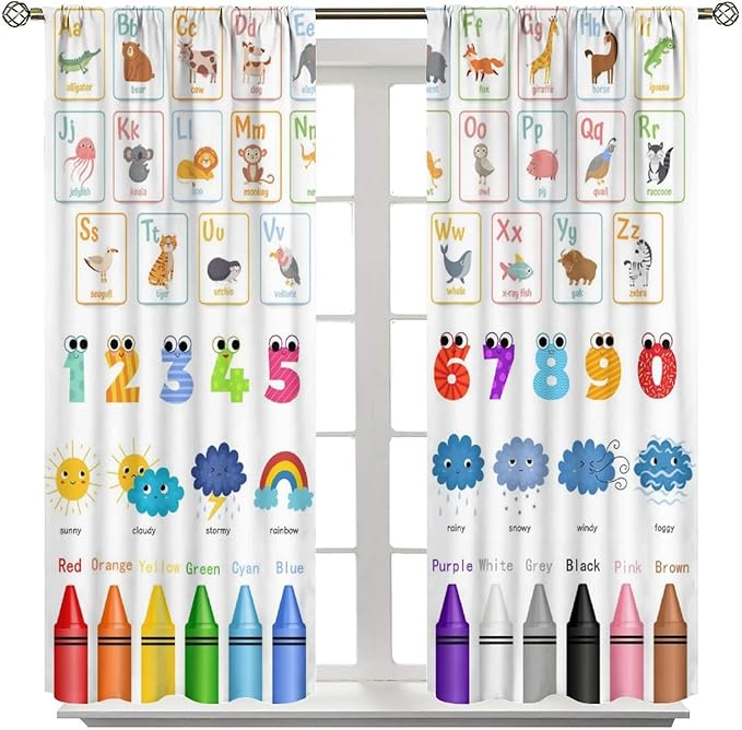 Kids Alphabet Curtains Cartoon Animal Funny Learning Colorful Educational Nursery Curtain with Rod Pocket for Bedroom Classroom Decor Drapes Window Treatments 2 Panels Set 63" W X 63" L