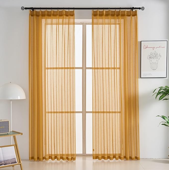 Mustard Gold Sheer Curtains 108 Inches Long 2 Panels, Textured Linen Look Pinch Pleated Drapes, Vintage Yellow Light Filtering Window Treatments, Sliding Glass Door Curtain Back Tab