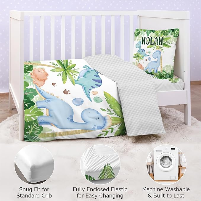Personalized Baby Crib Bedding Set,3 Piece Custom Name Nursery Set with Blanket, Fitted Sheet & Pillowcase for Baby Girls & Boys, Dino Jungle Theme(Fixed Size)