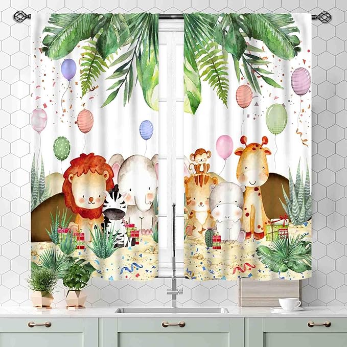 Jungle Safari Animals Curtains, Cartoon Animals Lion Giraffe Elephant Woodland Tropical Leaf Green Window Drapery for Kids Boys Girls Baby Living Room Bedroom Nursery 2 Panels, 55x39 Inch