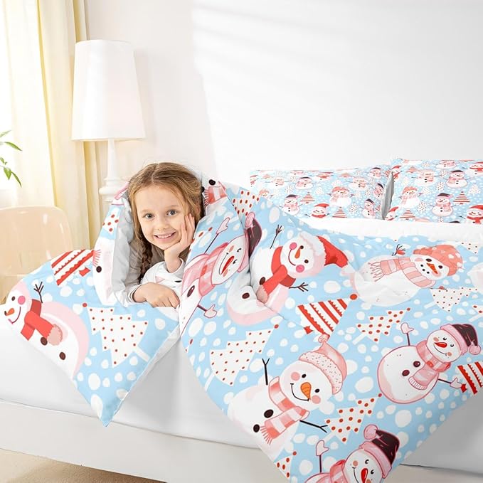 Manfei Christmas Comforter Set Queen Size, Snowman and Xmas Trees Bedding Set 3pcs for Kids Girls Adults Bedroom Decor, New Year Blue Down Comforter Soft Polyester Quilt Set with 2 Pillowcases