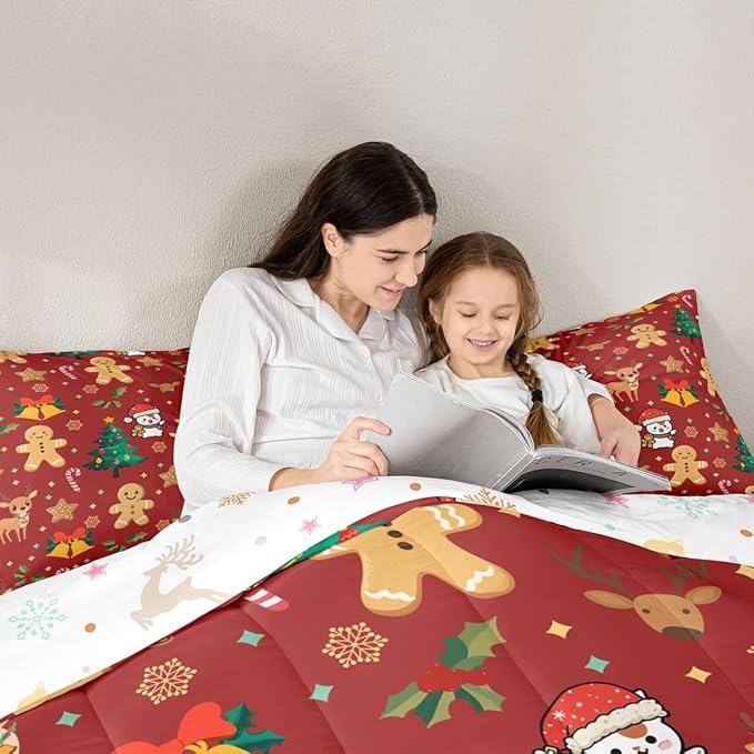 Feelyou Merry Christmas Comforter Set Queen Size Gingerbread Man Bedding Set for Kids Boys Girls Cute Deer Duvet Quilt Christmas Tree Microfiber 3 Pcs with 2 Pillow Cases