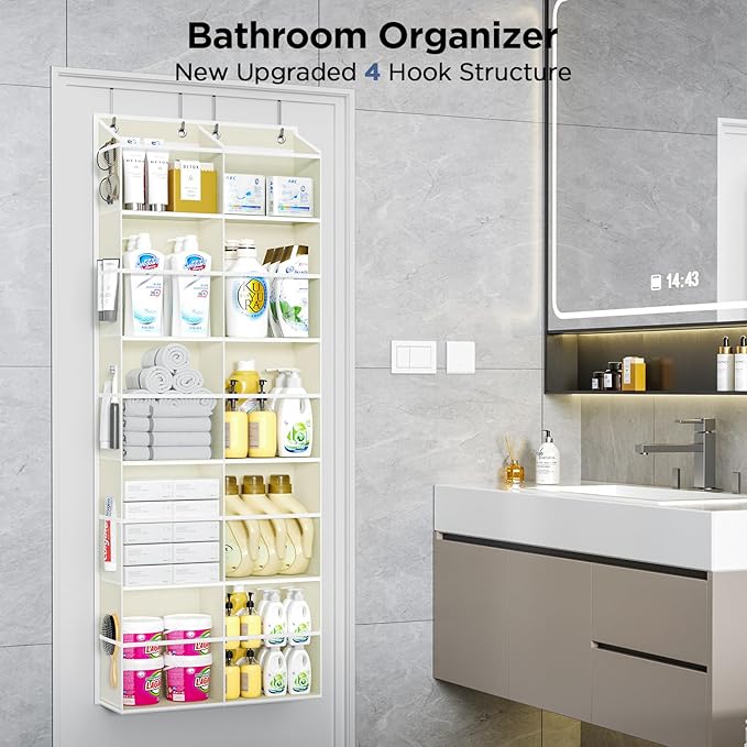 PureSpace 5-Tier Over The Door Organizer with 10 Side Mesh Pockets & Clear Windows, 80 lb Weight Capacity Hanging Storage for Bathroom, Bedroom, Nursery, Kitchen, Organizer Toys (Beige Clear wind)