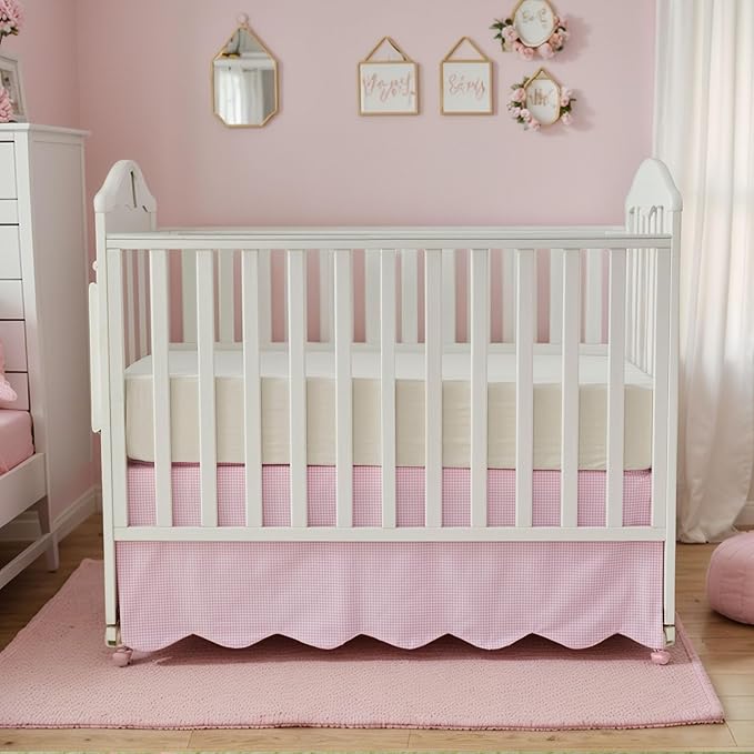 Brandream Scallop Edge Cotton Crib Skirt, Baby Boy Girl Gender Neutral Crib Skirt Toddler Bedskirt Farmhouse Chic Plaid Nursery Crib Bed Skirt, Gingham Check Pink