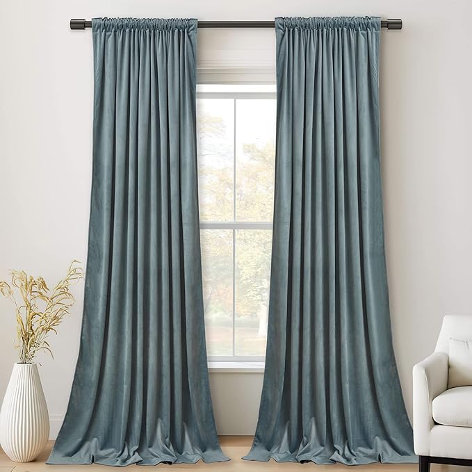 StangH 120 inches Long Stone Blue Velvet Curtains, Extra Long High Ceiling Living Room Curtains Back Tab Room Darkening Thermal Insulated Home Decor for Hall/Villa, W52 x L120, 2 Panels
