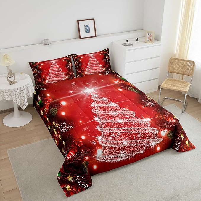 Feelyou Kids Merry Christmas Decorations Comforter Set, Kids Santa Tree Bedding Set Twin Size for Boys Girls Teens Xmas Christmas Bell Decor Comforter Glitter Red Quilt Set