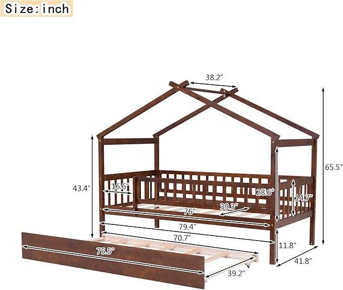Merax Twin Size Wooden House Bed with Twin Size Trundle, Wood Bed Frame with Roof and Safety Guardrail for Kids, Teens, Boys or Girls, Walnut