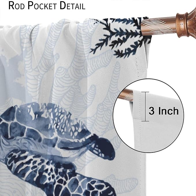Coastal Nautical Curtains, Turtle Beach Sea Seashell Theme Pattern Blackout Print Home Bedroom Living Room Window Treatmen 2 Panel Set 63x72 Inch