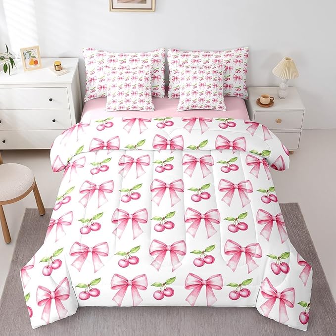 7 Pieces Pink Bowknot Kids Comforter King,Cherry Tropical Fruit Cartoon Bedding Set,Bow Tie Butterfly Knot Princess Dreamy Fashion（Comforter+Fitted+Flat Sheet+2 Pillowcases+2 Throw Pillow Covers）
