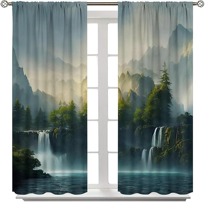 Landscape Theme Waterfall Blackout Curtains, Waterfall Mountains Jungle Printed Natural Scenery Window Drapes, for Bedroom Living Room 42" W X 54" L