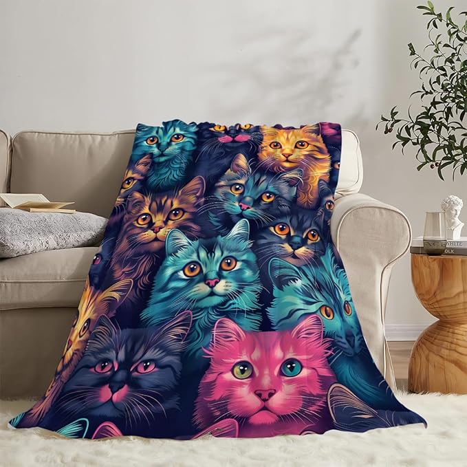 Funny Colorful Cat Print Blanket Kawaii Kitty Animal Throw Blankets Gifts for Couch Sofa Bed Stuff Decor Soft Cozy Fleece Plush Warm Flannel Bedding for Lover Men Women 50"x60"