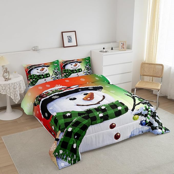 Feelyou Kids Christmas Theme Decorations Bedding Set Xmas Snowman Comforter Set for Boys Girls Snowflake Kawaii Cute Comforter Orange Red Green Quilt Set Bedroom Collection Full Size