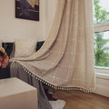 Deeprove Boho Curtains 108 Inches Length Bohemian Lattice Gingham Chic Burlap Embroidery Plaids, Vintage Tassels Home Decor Drapes Light Filtering Rod Pocket, 1 Panel W52 x L108, Natural Linen