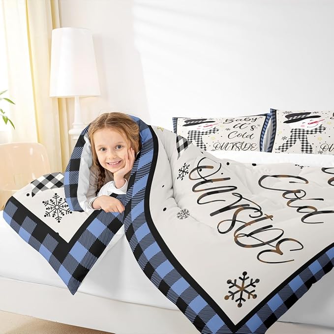 Christmas Snowman Kids Comforter Set Full Size,Snowflake Christmas Holiday Bedding Set,Girls Boys Adults Xmas Decor,Geometric Grids Lattices Down Comforter,Blue Rustic Duvet Insert,2 Pillowcases