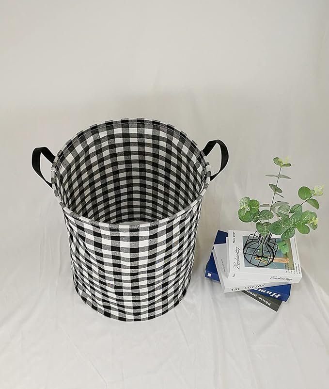 KUNRO Round Laundry Gift Basket Storage Hamper, Kids Toys and Clothes Storage Organizer Bins, Toy Shelf Basket with Handles for Room Decor (Black grid)