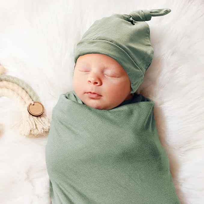 Newborn Swaddle Blanket with Hat Set Baby Swaddle Set Hospital Receiving Blankets for Girls Boys(Olive,35"*35")