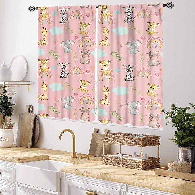 Kids Safari Animals Curtains, Cartoon Giraffe Elephant Monkey Woodland Jungle Pink Window Drapery Treatments for Boys Girls Baby Living Room Bedroom Nursery Classroom 2 Panels, 55x39 Inch
