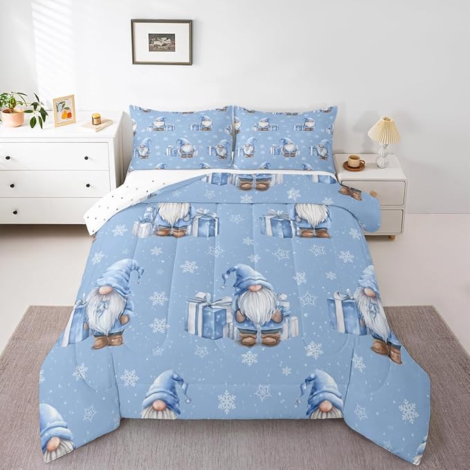 Feelyou Blue Christmas Comforter Set Full Size Scandinavian Christmas Santa Gnomes Bedding Set for Kids Boys Girls Xmas Snowflake Duvet Quilt Bedroom Decor 3 Pcs with 2 Pillow Cases