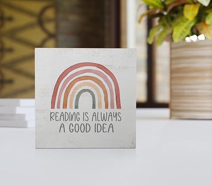 EIONEY Boho Classroom Decor Wood Box Sign 5x5 in,Cute Rainbow Reading Nook Desk Accessories for Nursery Classroom Library Wall Tabletop Shelf Decor