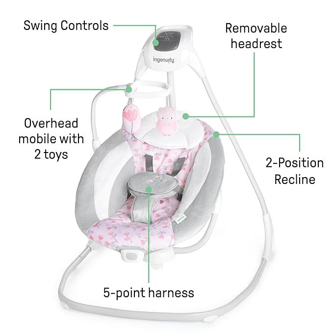 Ingenuity SimpleComfort Lightweight Compact 6-Speed Multi-Direction Baby Swing, Vibrations & Nature Sounds, 0-9 Months 6-20 lbs (Pink Cassidy)