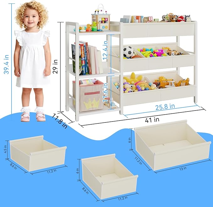 B7 Toy Storage Organizer with 3-Tier Wooden Shelves and 8 Bins, Toy Chest Storage, Toy Shelf Organizer, Kids Bookshelf and Toy Storage for Kids Room, Bedroom, Playroom, Nursery, White