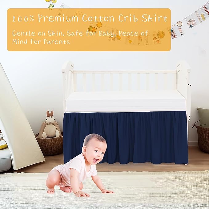 Crib Bed Skirt Dust Ruffle 100% Cotton - Natural, Soft, Breathable for Baby's Delicate Skin, Nursery Toddler Crib Bed Skirt for Baby Boys Girls, Fits Standard Cribs 28" x 52" with 14" Drop