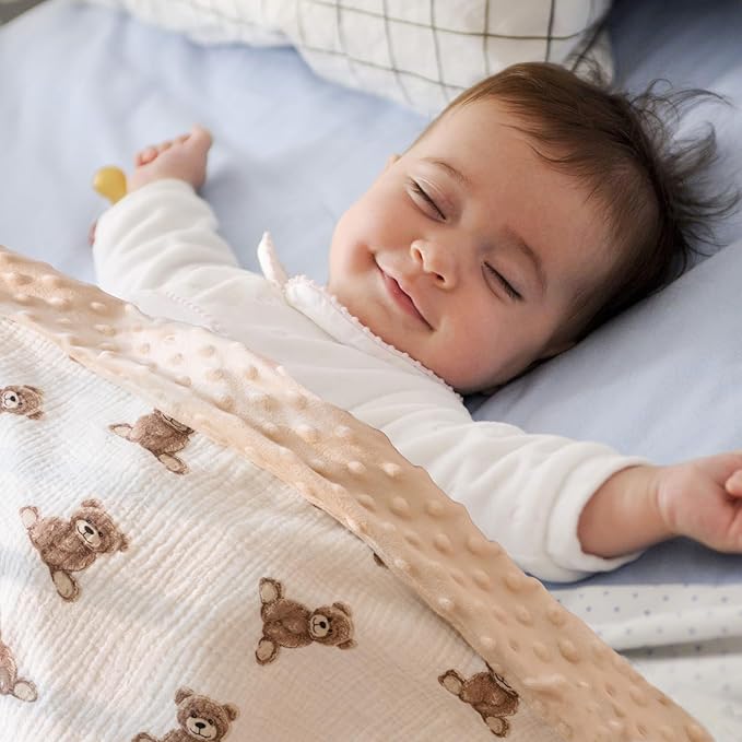 Little Jump Baby Blankets Minky Blankets for Unisex Boys Girls, Soft Fluffy Crib Blankets with Muslin Cotton Front and Dotted Fleece Backing, Teddy Bear Receiving Blanket for Newborn Infants