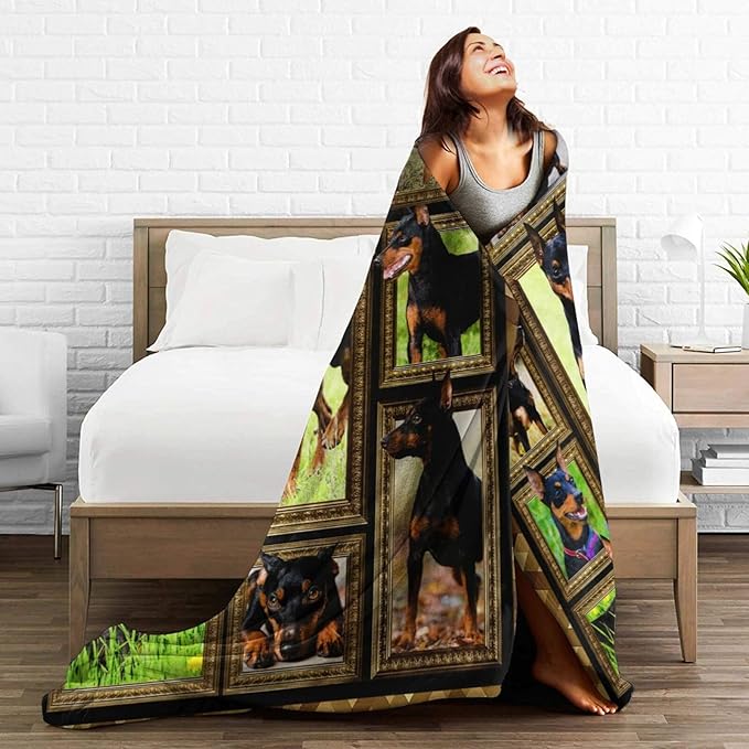 Cute Doberman Blanket for Girls Boys Doberman Pinscher Dog Throw Blankets Soft Cozy Warm Fuzzy Fleece Funny Puppy Bedding Flannel Throws Stuffed Animal Gifts for Kids Men Women Bedroom Decor 60"x50"