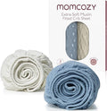 Momcozy Muslin Standard Fitted Crib Sheets, 52"x28", 2 Pack Soft Breathable Natural Cotton Baby Mattress Sheet, 360° Mattress Wrapping No Slip Boys Girls Neutral Toddler Bed Sheet, Grey Blue